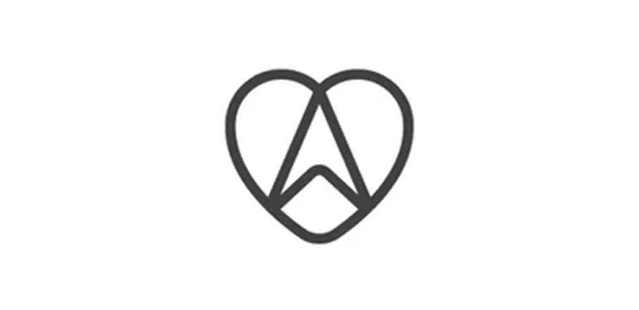 Heart-shaped logo with geometric design inside.