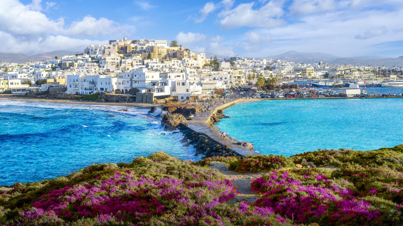 Scenic coastal town with vibrant flowers and sea.