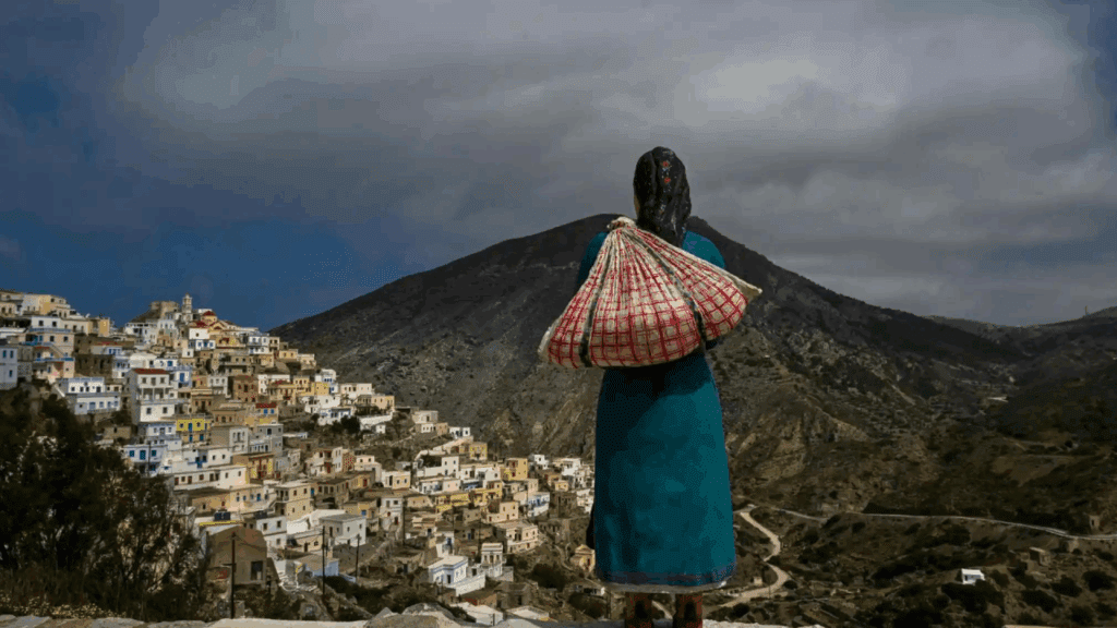 A person in traditional clothing overlooking a mountainous village.