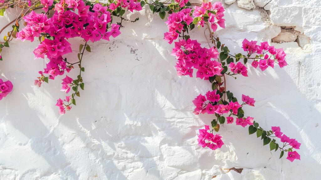 Bright pink bougainvillea flowers against a textured white wall.