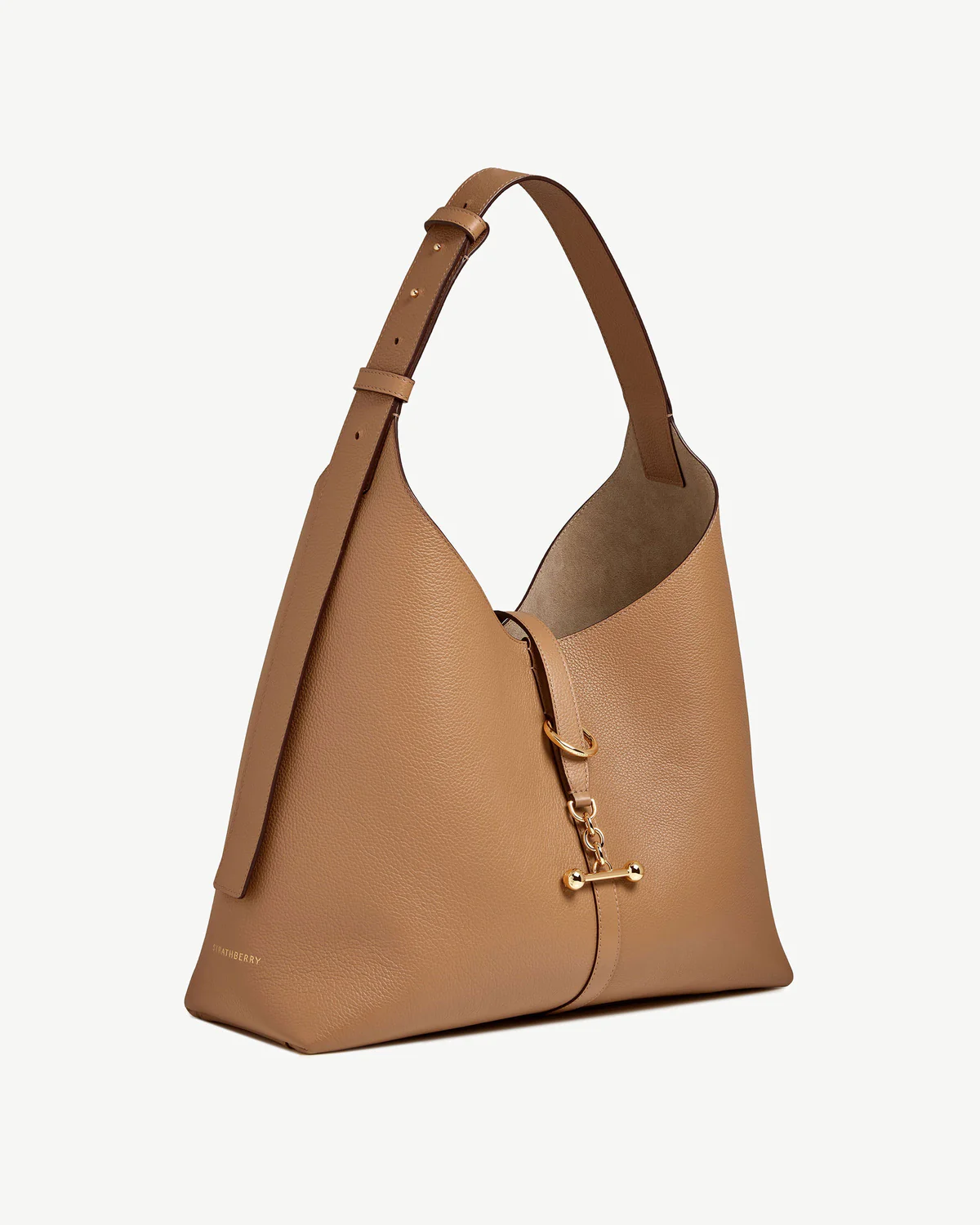 Stylish brown leather handbag with a sleek, modern design.