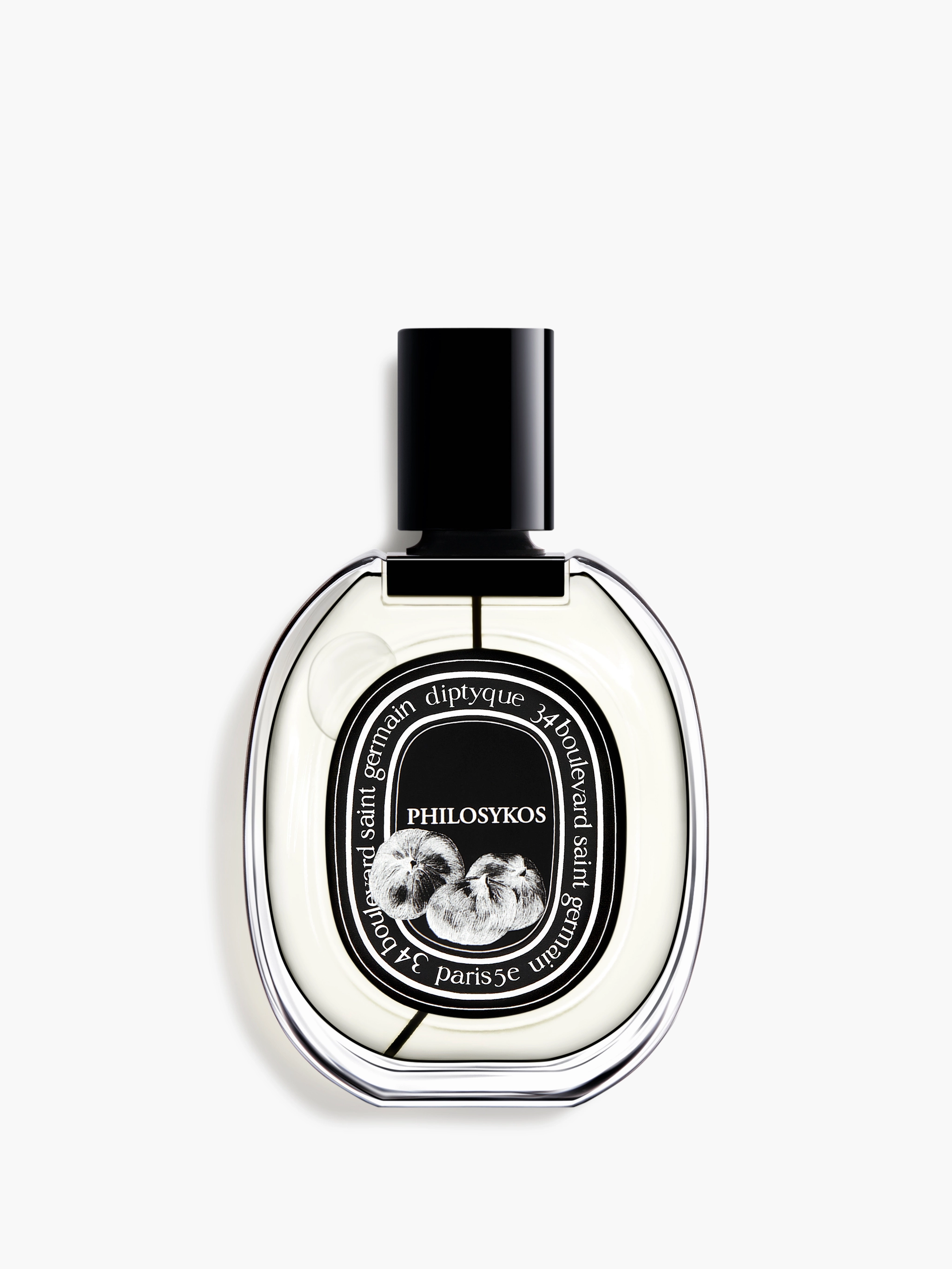 Elegant Diptyque perfume bottle with black cap and artistic label.