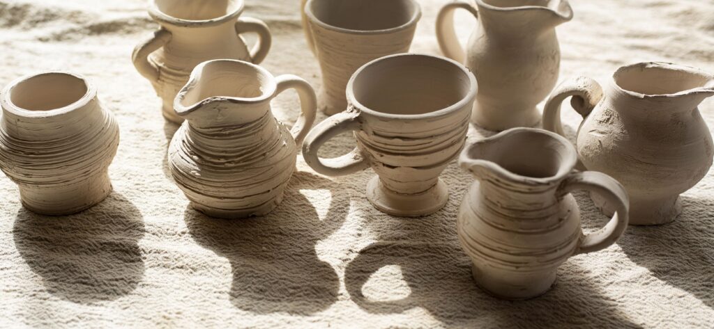 Handmade ceramic cups and pitchers on a wooden surface with warm light.