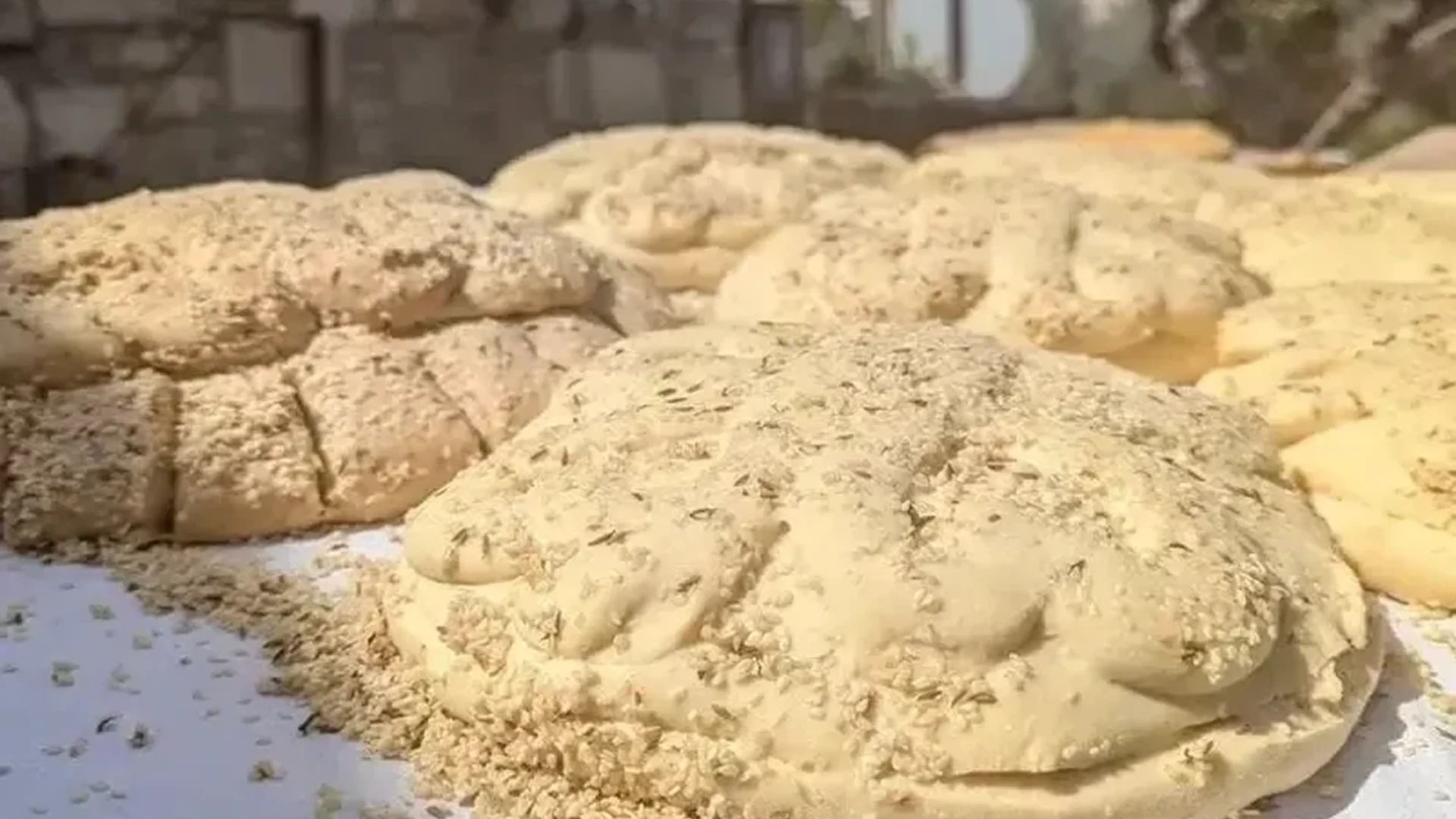 Freshly baked bread cooling on a rack.