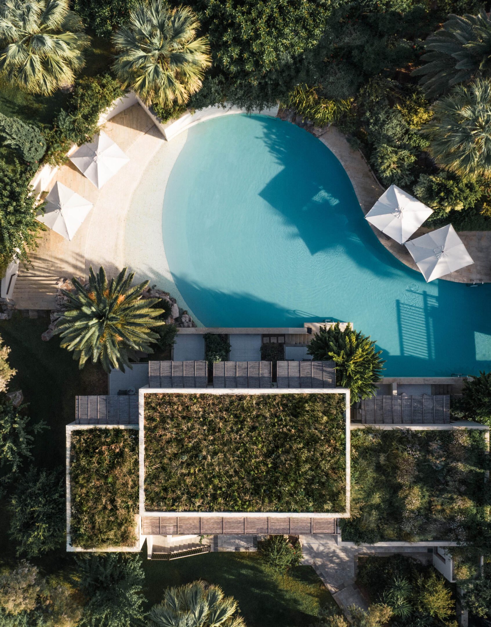 Aerial view of a modern house with a kidney-shaped pool and sun umbrellas.