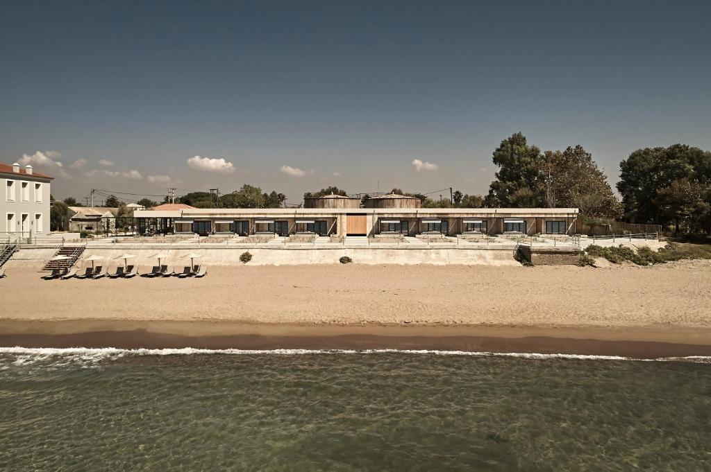 Beachfront resort with lounge chairs and calm sea.