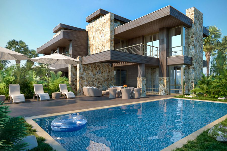 Modern house with a stone facade and inviting pool under clear blue sky.