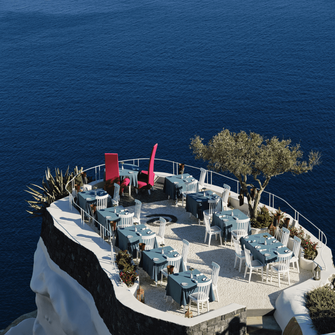 Cliffside restaurant with ocean views and elegant outdoor seating.