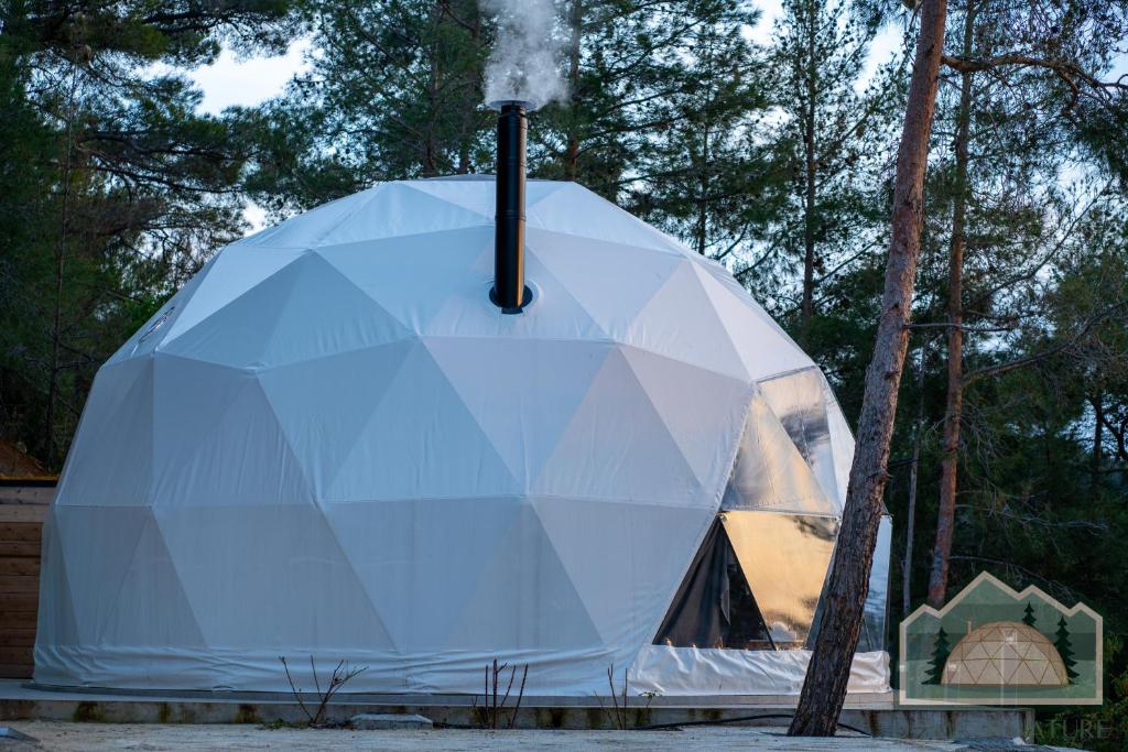 A geodesic dome sauna with smoke coming from its chimney in a forest.