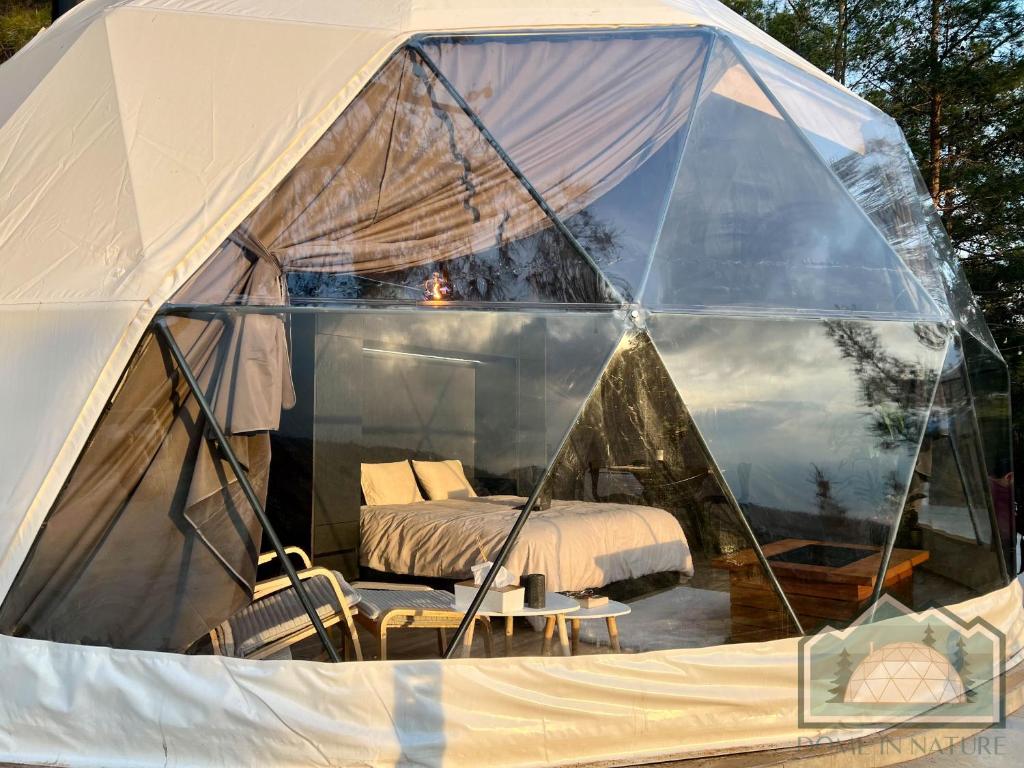 Cozy outdoor tent with a comfortable bed and seating area.