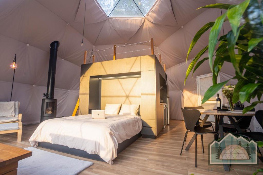 Modern bedroom with geometric ceiling and natural light.