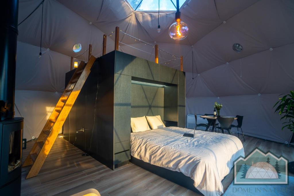 Modern bedroom with a cozy bed and ambient lighting inside a unique dome structure.