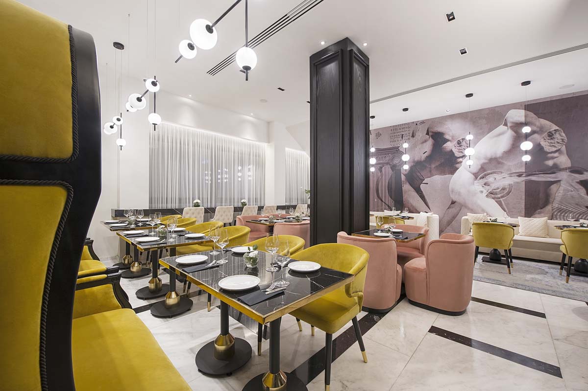 Modern restaurant interior with stylish seating and elegant decor.