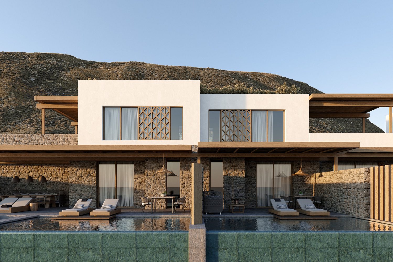 Modern two-story house with pool and mountain backdrop.