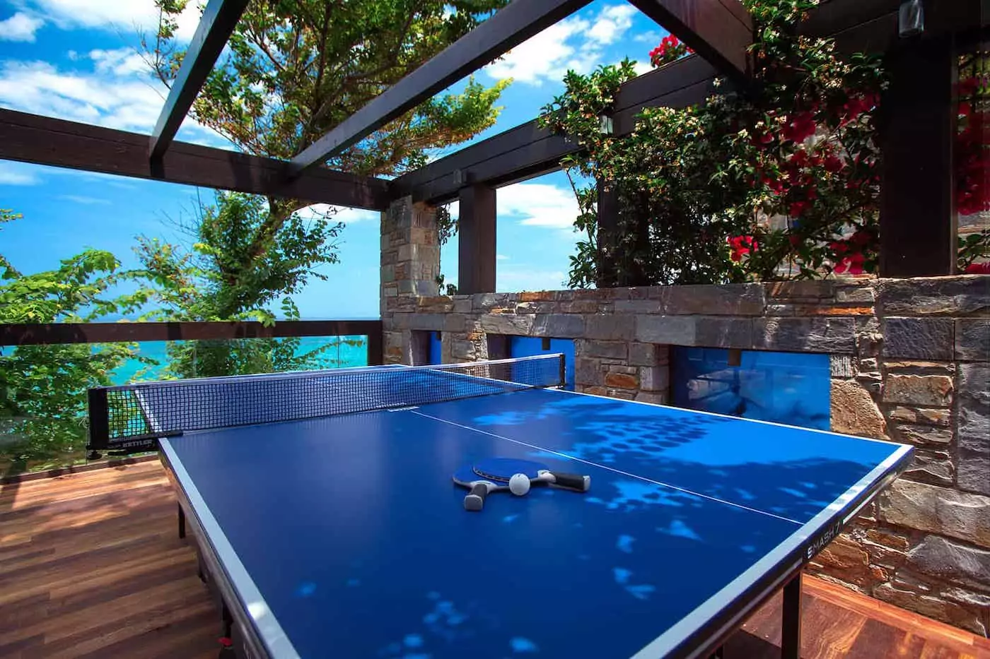 Outdoor ping pong table set under a pergola with a scenic view.