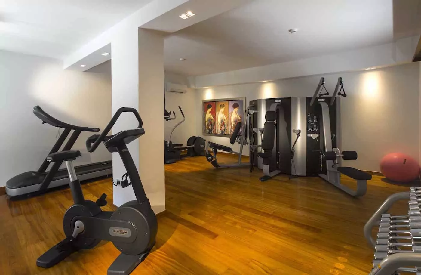 Modern gym with exercise bikes and weight machines on wooden flooring.