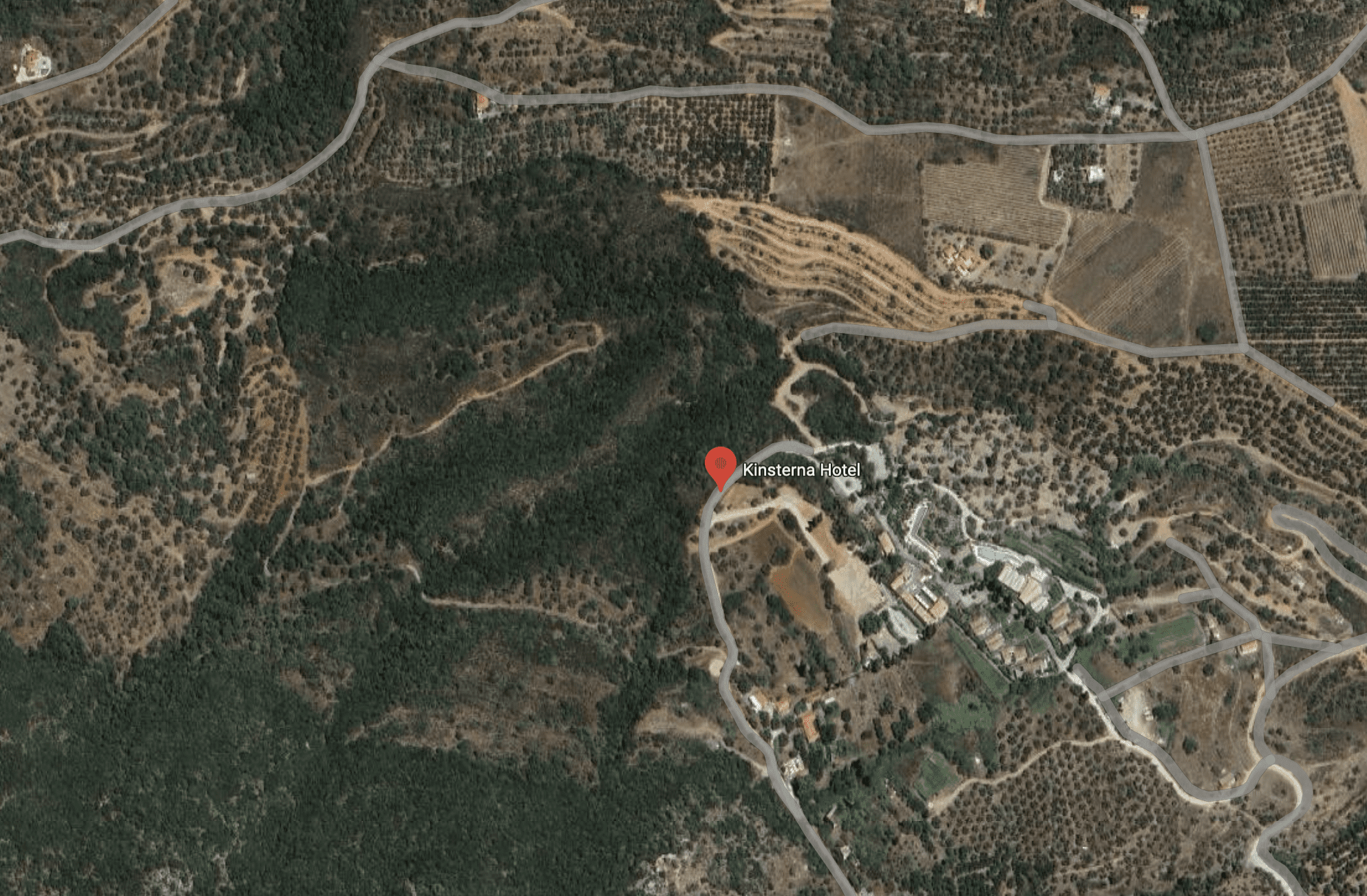 Aerial view of a forested area with winding paths and scattered buildings.