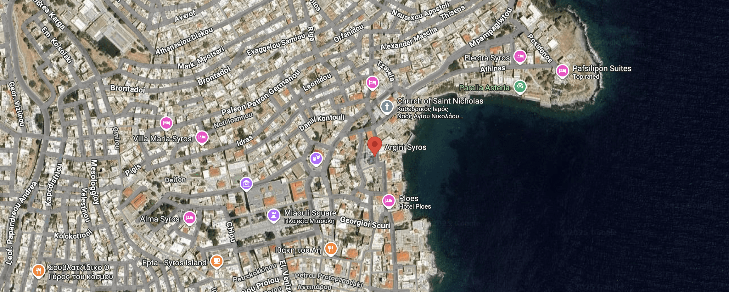 Map showing location near the coast with multiple amenities.