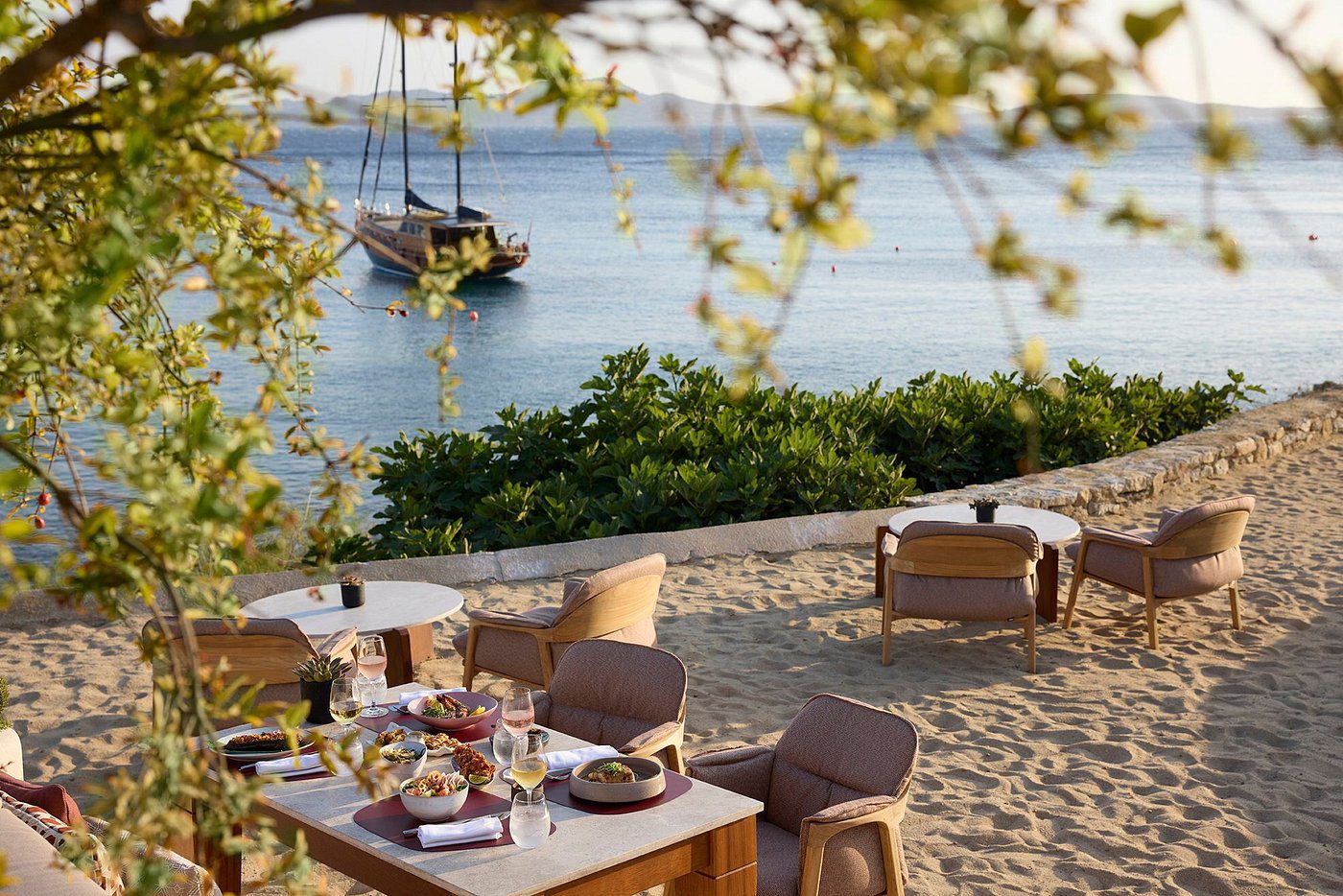Cozy outdoor dining setup by the beach with chairs and a table under tree branches.