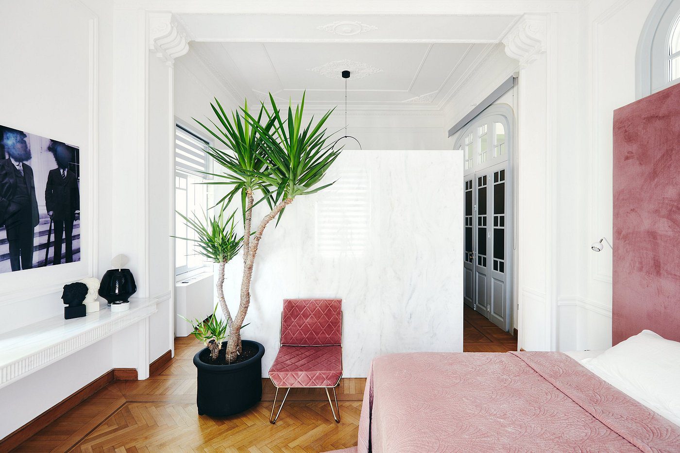 Minimalist room with a potted plant and pink chair.