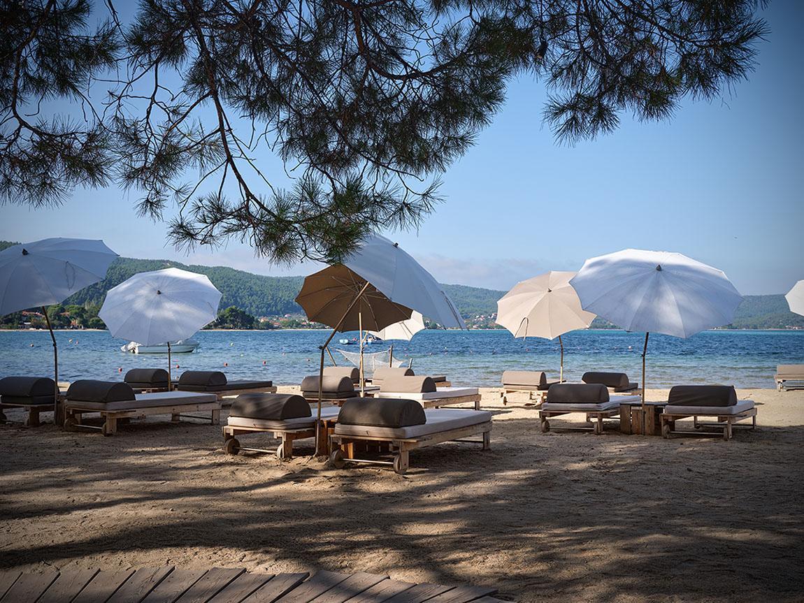 Beachside lounge area with umbrellas and comfortable seating under pine trees.