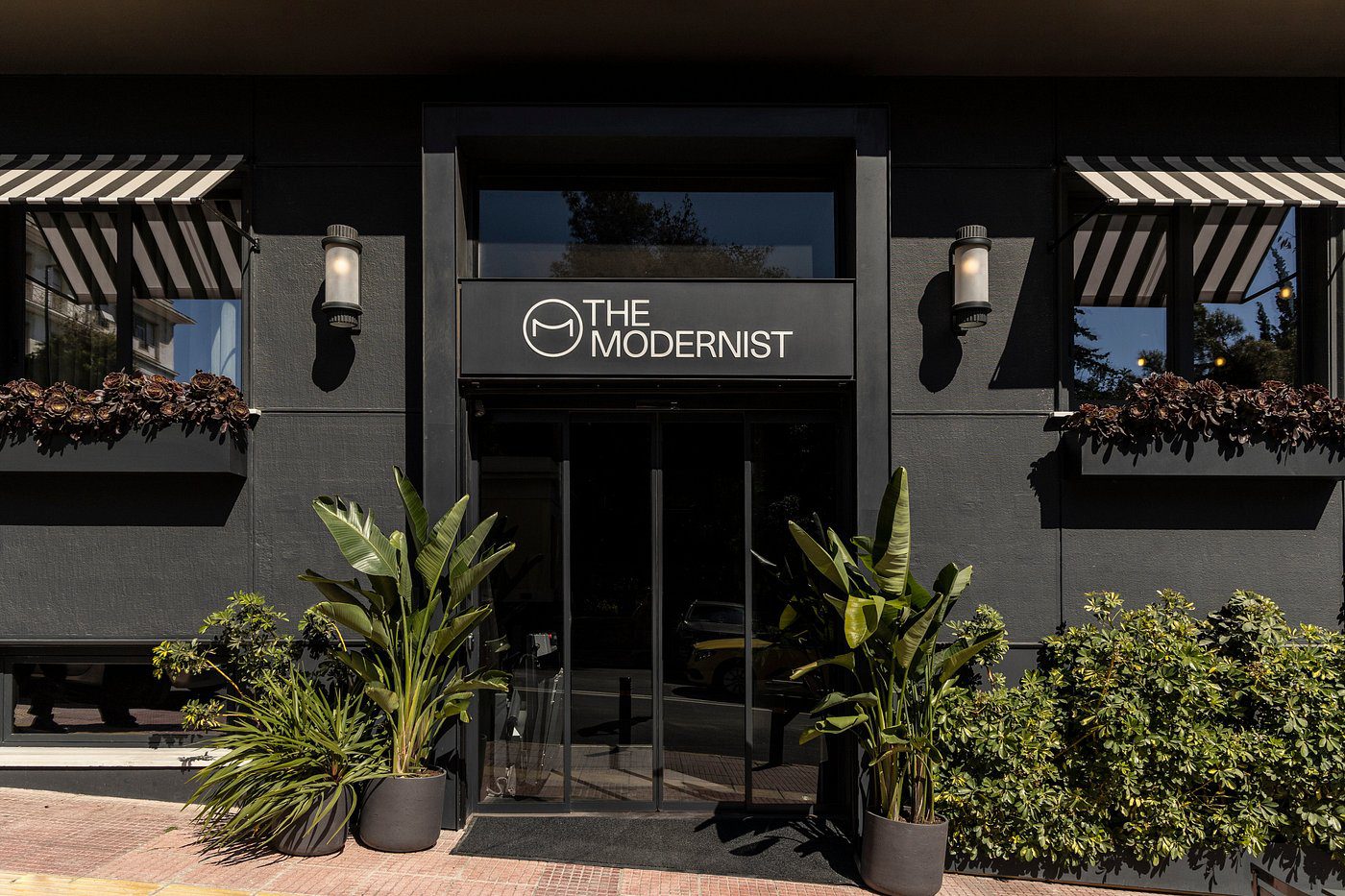 Entrance to The Modernist with plants and black facade.