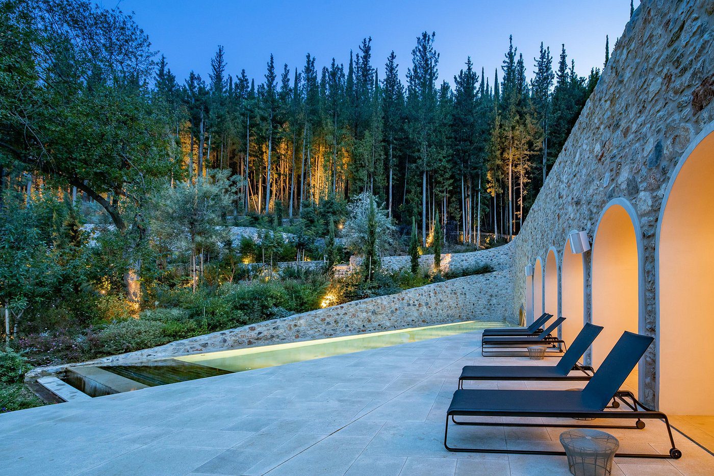 Modern outdoor pool area with lounge chairs and forest backdrop at dusk.