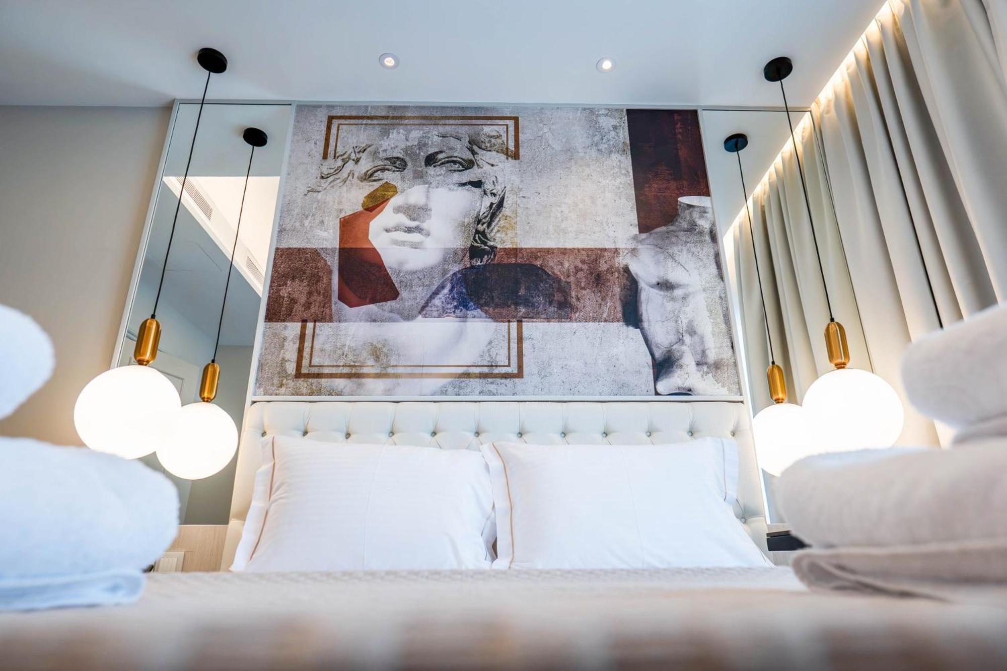 Gate Twenty Two Boutique Hotel interior with modern art and elegant lighting in Nicosia, Cyprus.