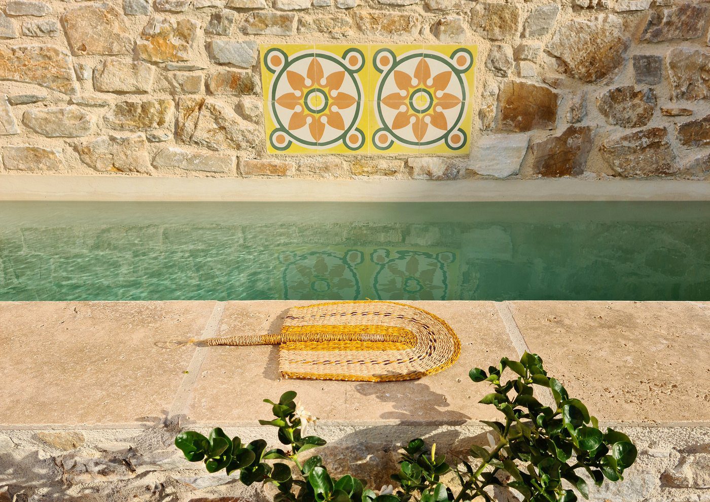 Decorative wall art above a peaceful pool with plants in the foreground.