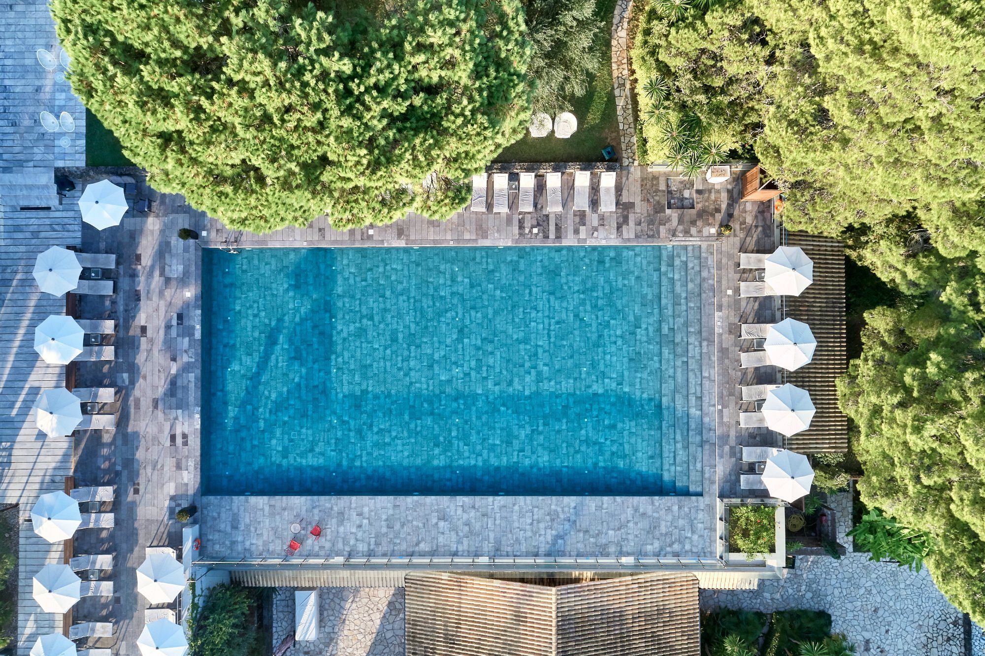Aerial view of a rectangular swimming pool surrounded by lounge chairs and greenery.