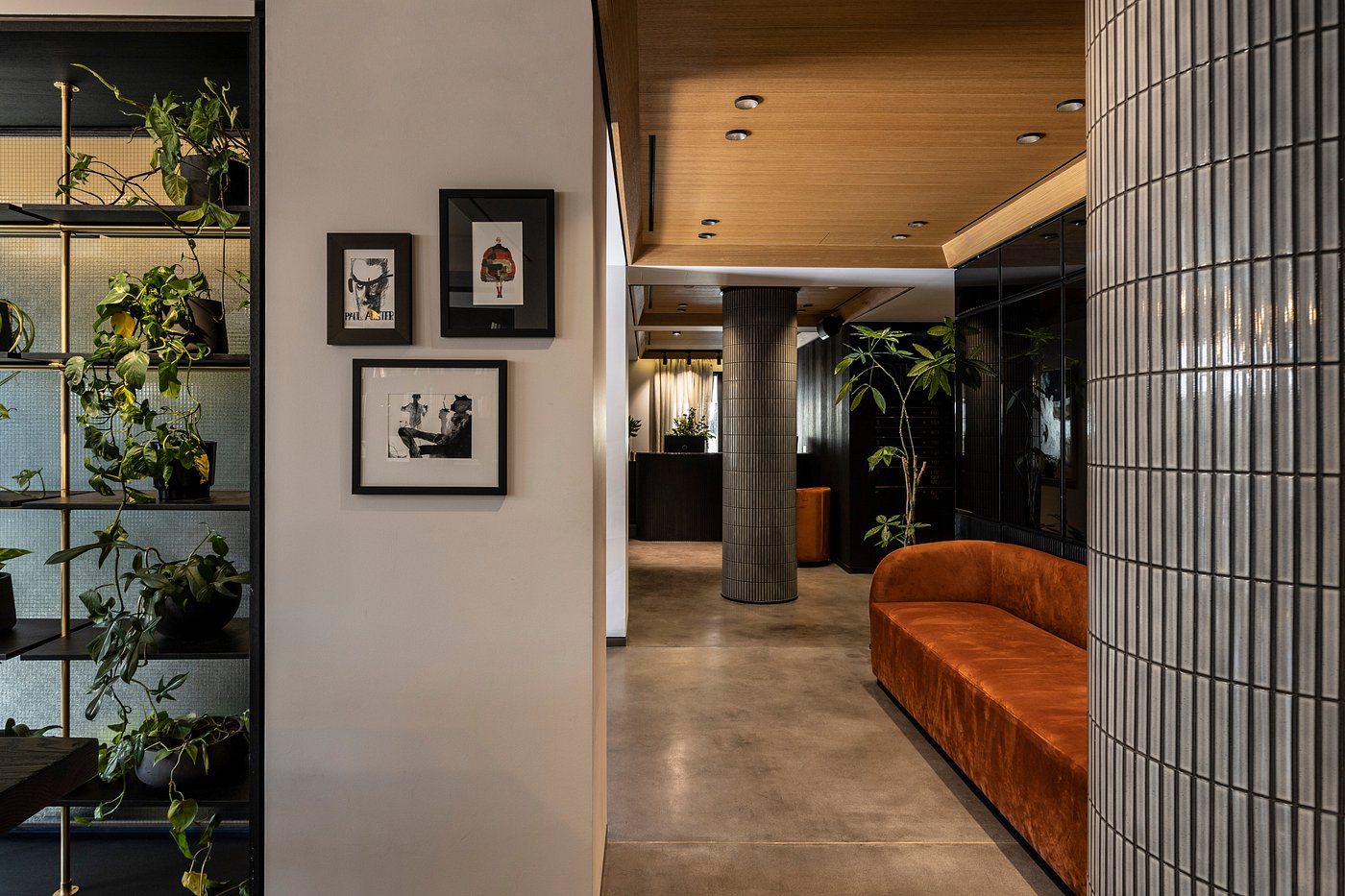 Modern hallway with framed photos and warm lighting.