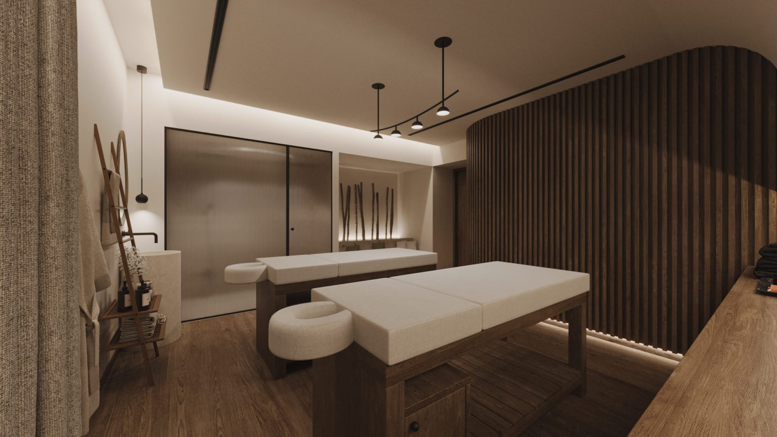 Minimalist massage room with two beds and soft lighting.