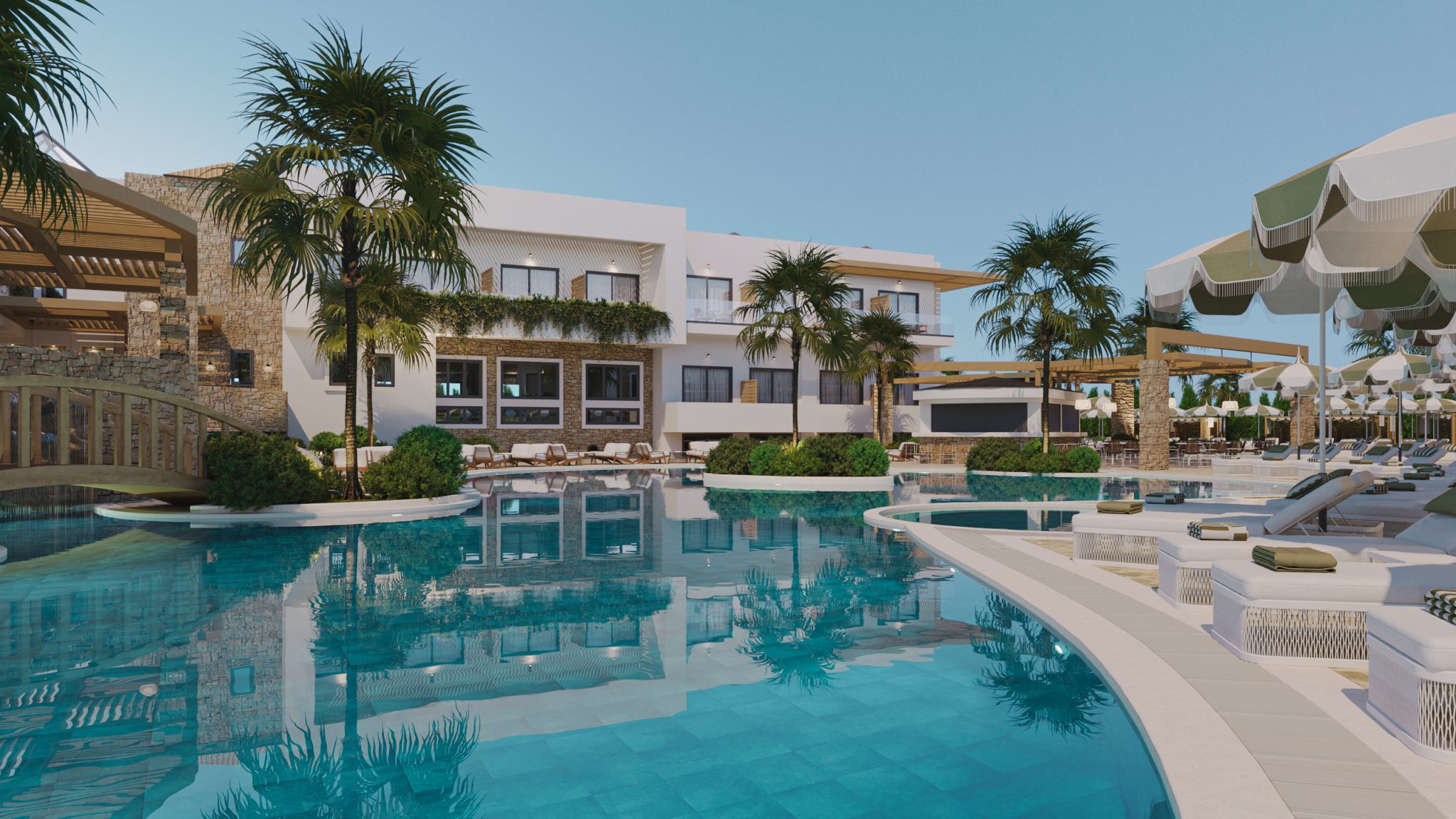 Modern white building with a large swimming pool and palm trees.