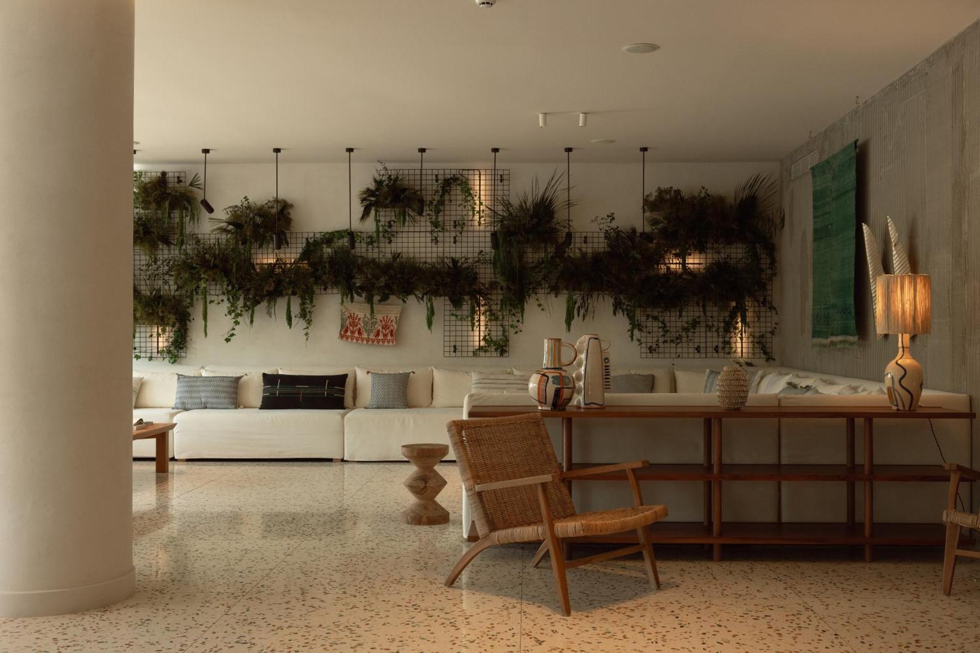 Cozy living room with hanging plants and wooden furniture.