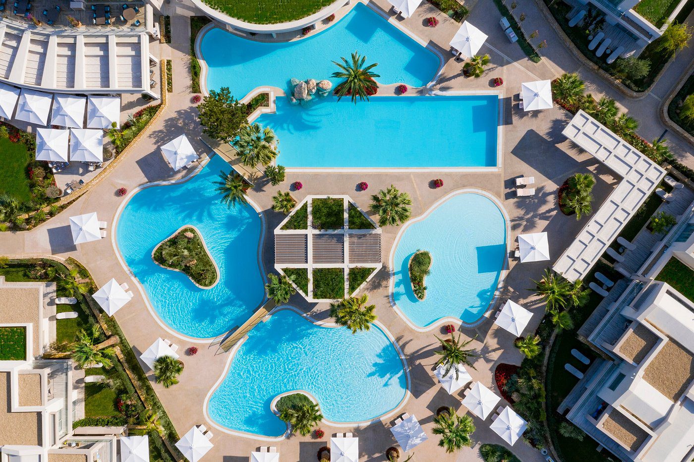 Aerial view of a tropical resort pool with palm trees and sun loungers.