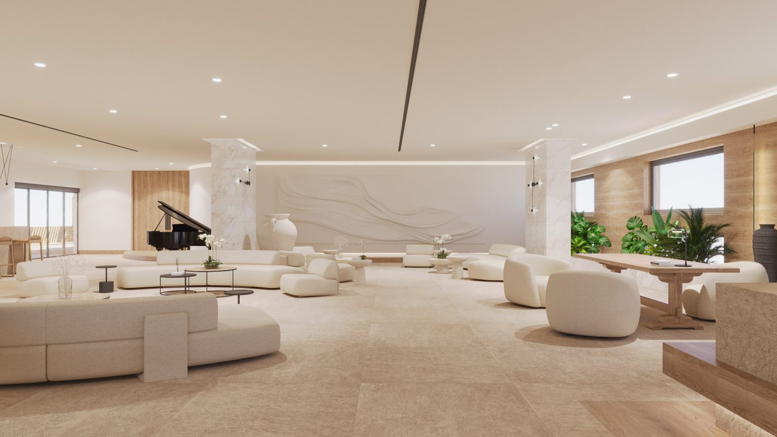 Spacious modern living room with minimalist white furniture and neutral tones.