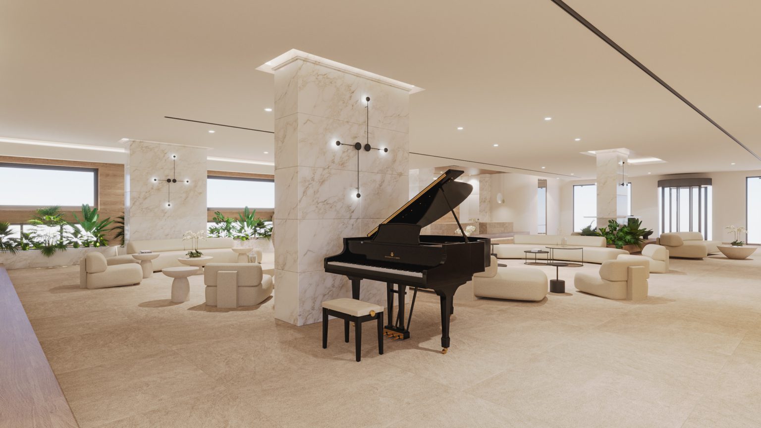 Elegant black grand piano in a spacious, modern living room with neutral tones.