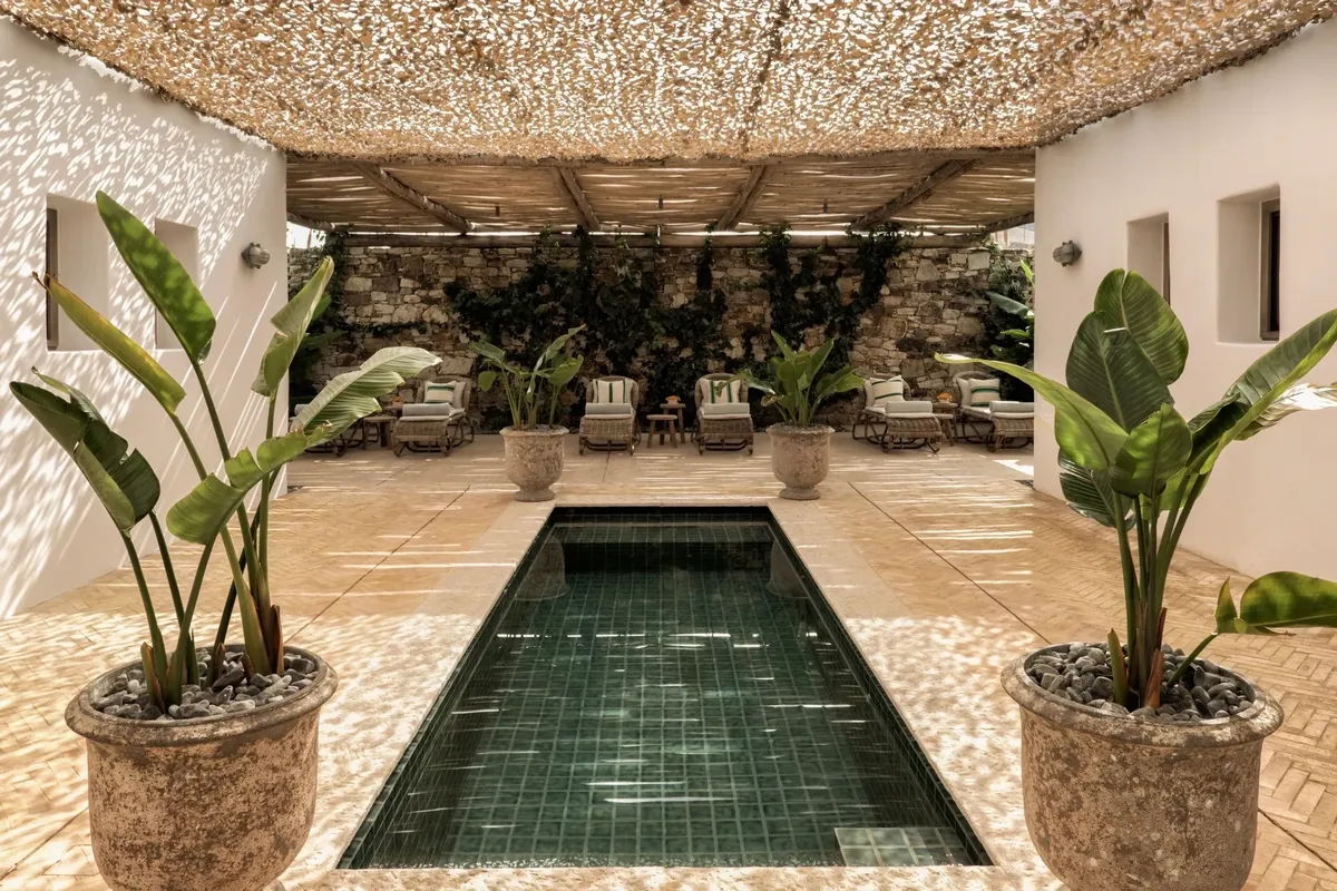 Luxurious indoor pool with elegant stone decor and greenery.