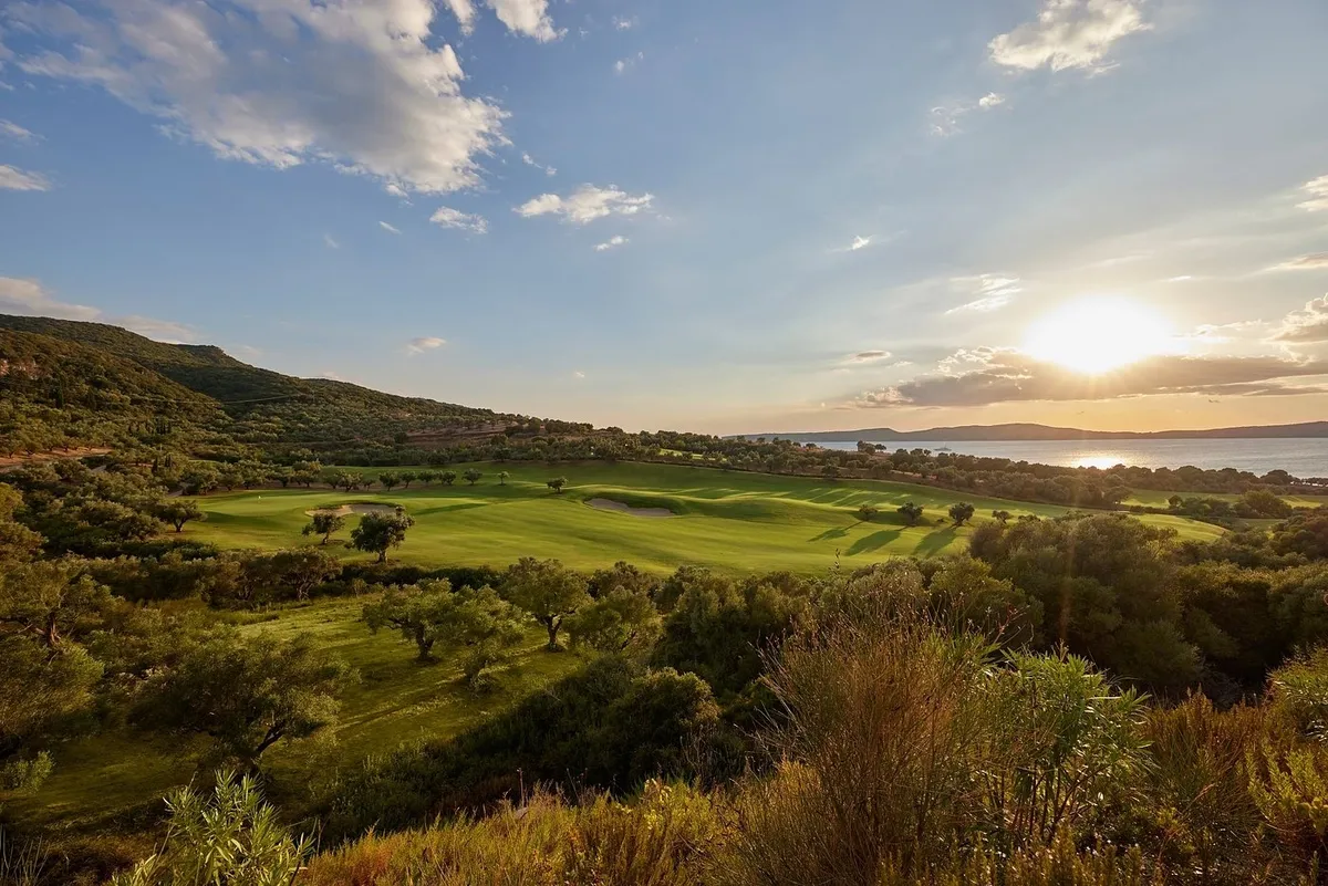 Scenic view of a lush green field under a partly cloudy sky at sunset.