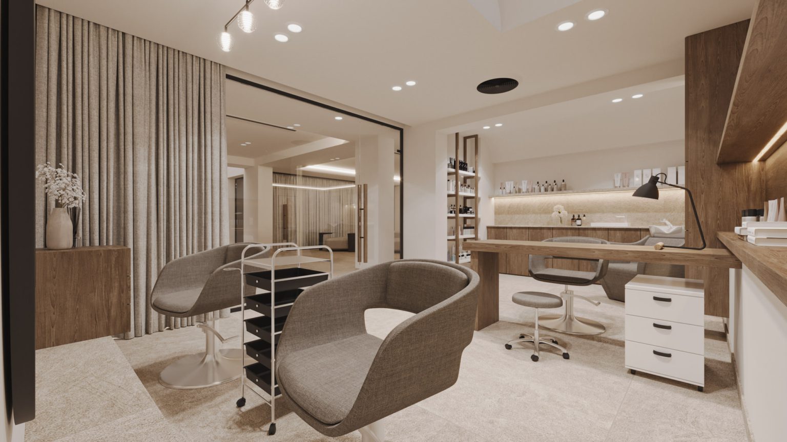Modern salon interior with stylish chairs and mirrors.