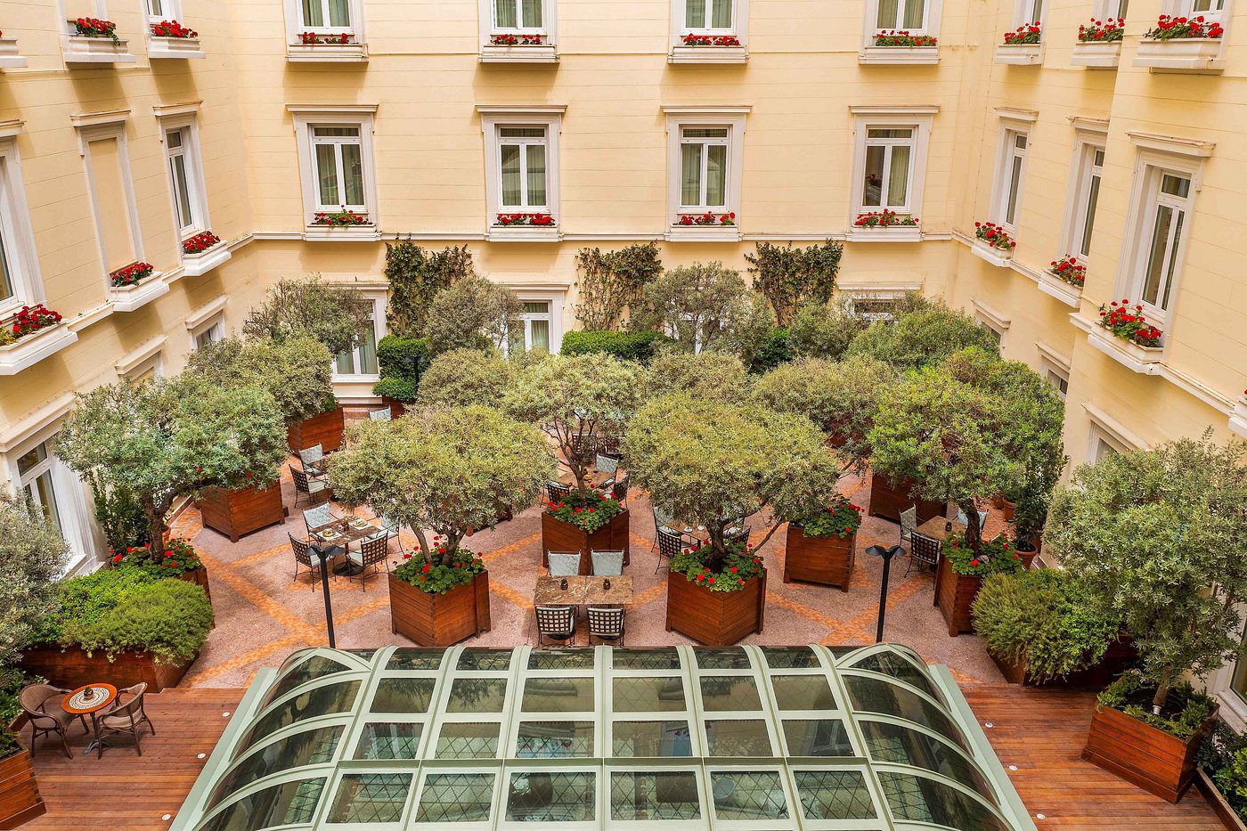 A lush courtyard garden with potted plants and trees in an urban setting.